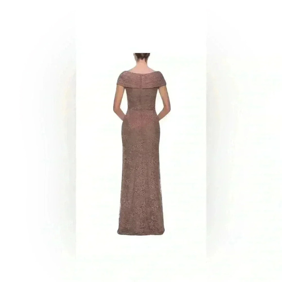 NEW La Femme Lace Overlay rhinestone off shoulder cap sleeve cocoa dress gown 2 - Picture 2 of 12
